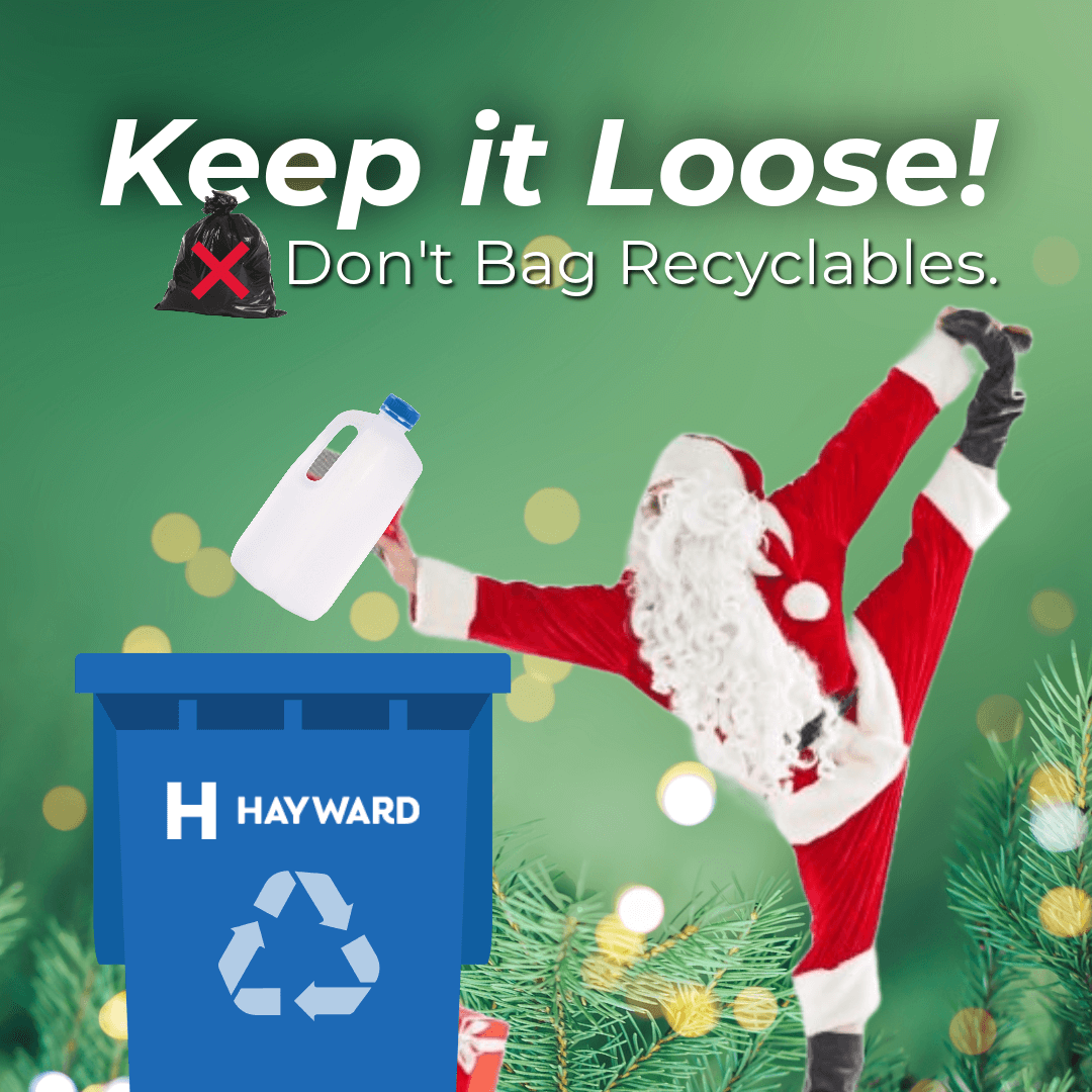 INSTA-Hayward-Keep-It-Loose-1-Santa Plastic milk jug stretch SANTA THROWING ITEM INTO RECYCLE